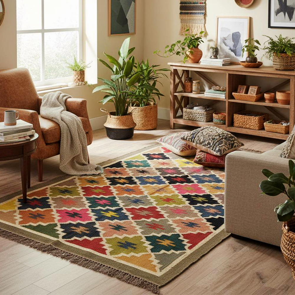 Handmade Jute Multicolor Vintage Dhurrie For Living